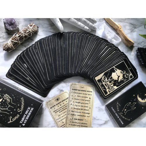 Shores Of Moon Luna Somnia Tarot Deck with Guidebook & Box - 78 Cards Complete Full Deck Starry Dreams Celestial Astrology Witchy Black Divination Tool