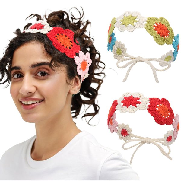 Ufgin Hippie Headbands for Women Crochet Hair Bandanas Boho Headbands Knit Hair Bands Hippie hair accessories for Women and Girls(red+green)
