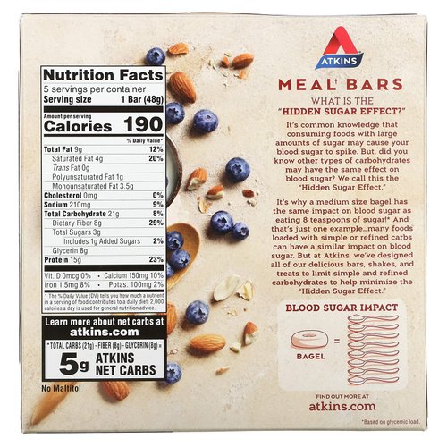 Atkins Advantage Bar, Blueberry Greek Yogurt, 5 Bars 1.7 Ounce