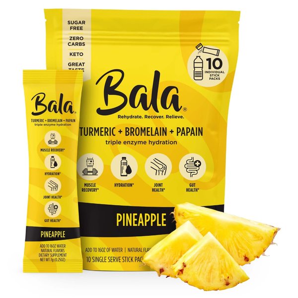 BALA Hydration Turmeric Drink Mix Packet | Sugar-Free Electrolyte Powder, Muscle Recovery, Immune Support, Joint Relief | Plant-Based Enzymes -Pineapple (10 Pack)