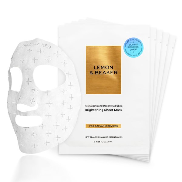 LEMON & BEAKER Brightening Face Masks Pack of 5 - Vegan Korean Face Mask & Microcurrent Gel Sheet with Manuka Essential Oil, Hyaluronic Acid & More Potent Botanical Skin Brightening Gel Complex