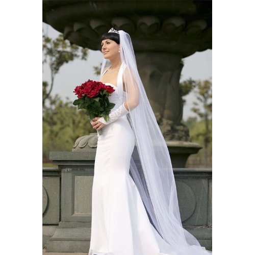 Bridal Wedding Veil White 1 Tier Long Cathedral Length With Rhinestone Edge