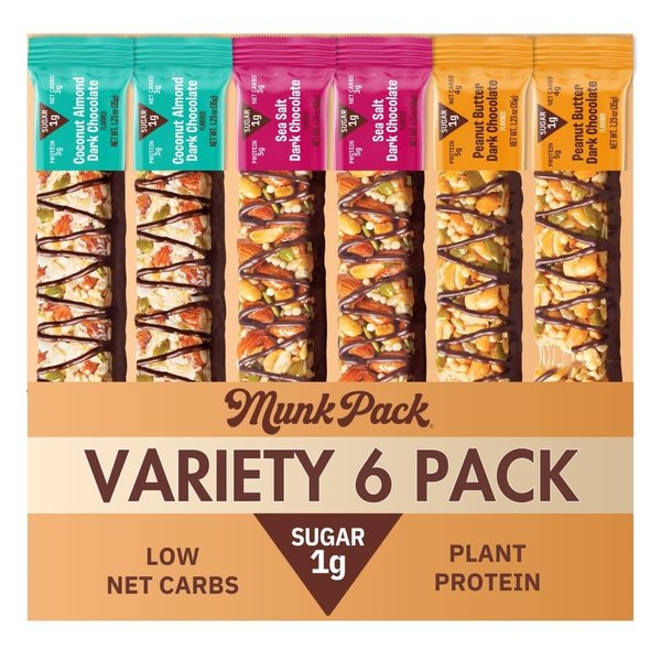 Munk Pack Nut & Seed Bar Variety Pack - 1g Sugar, Low Carb & Keto, 3-6g Protein - Gluten Free, Plant Based, Zero Added Sugar - Sweet & Salty Breakfast & Snack Bars, 3 Flavors | 6 Bars