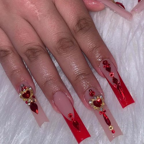 Gifiky Long Square Press on Nails French Fake Nails Red Nails Tips Full Cover Crystal Gem Design False Nails for Women and Girls 24Pcs