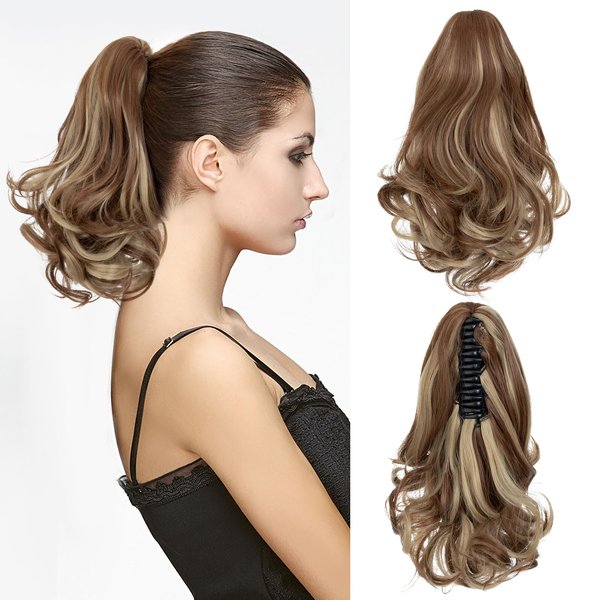Sleekalon 12" Short Ponytail Extension Claw Wavy Curly Jaw Clip In Pony Tails Fake Ponytail Natural Looking Synthetic Hairpiece for Women Light Brown P Blonde