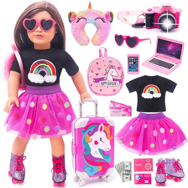 HAPGFS American 18 Inch Doll Accessories Doll Travel Set Including Suitcase Luggage and Dress, Camera Computer Phone Neck Pillow Sunglasses Dolls Travel Gear Play Set Gift for Birthday (NO Doll)