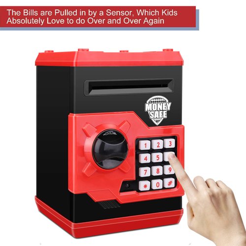 Adsoner Cartoon Piggy Bank, Electronic ATM Password Cash Coin Can Auto Scroll Paper Money Saving Box Gift for Kids (Red)