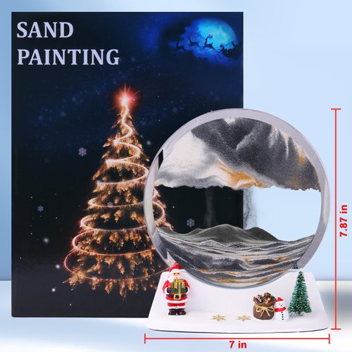 Szoranct Christmas Elements Moving Sand Art Lamp Round Glass Flowing Sand Frame, Sand Art Liquid Motion and 3D Deep Sea Moving Sandscapes, Sensory Relaxing Desk Decor Art(7", Blcak with Light)