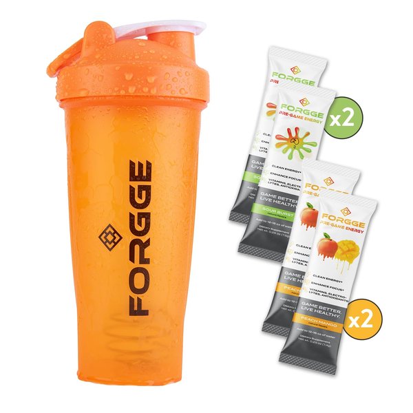 Forgge Pre-Game Energy Starter Kit - Clean Ingredients, Naturally Flavored - Healthy Energy, Boost Focus and Reaction Time - Game Better, Live Healthy - Zero Sugar - (4 ct + Shaker)