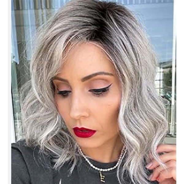 LEOSA Short Gray Wavy Bob Wig Ombre Grey Curly Wavy Bob Wigs for White Women Layered Bob Wig with Dark Roots Natural Looking Synthetic Medium Length Wigs for Ladies Daily