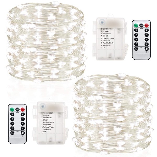 GDEALER 2 Pack Fairy Lights Christmas Decor 20 Ft 60 Led Battery Operated Christmas Lights with Remote Waterproof Twinkle Lights 8 Modes Fairy String Lights for Party Bedroom Wedding Decorations-White