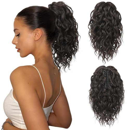 FLUFYMOOZ Ponytail Extension, 12" Short Claw Ponytail Extension Wavy Curly Jaw Clip in Pony tails Hair Extension Natural Synthetic Hairpiece for Women (Black Brown)