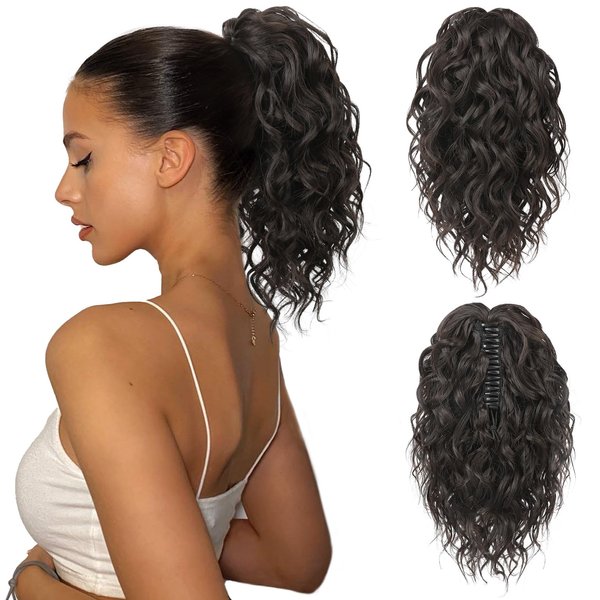 FLUFYMOOZ Ponytail Extension, 12" Short Claw Ponytail Extension Wavy Curly Jaw Clip in Pony tails Hair Extension Natural Synthetic Hairpiece for Women (Black Brown)