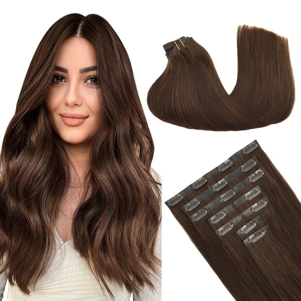 GOO GOO Clip in Hair Extensions Real Human Hair, 16inch 130g 7Pcs, 4A Chocolate Brown, Remy Human Hair Extensions Clip ins for Women, Natural Human Hair
