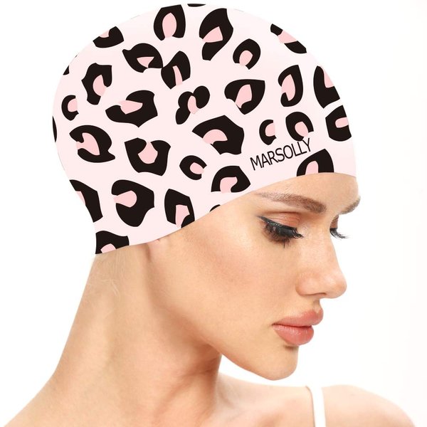 Marsolly Swim Cap Women, Silicone Swimming Cap for Long Hair with Leopard Printed Pink