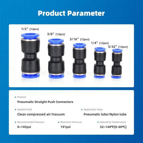 CGELE 60Pcs Quick Connect Air Hose Fittings 5/32 1/4 5/16 3/8 1/2 inch Quick Release Pneumatic Push to Connect Fittings Kit Air Line Fittings for 5/32 1/4 5/16 3/8 1/2 inch Tube