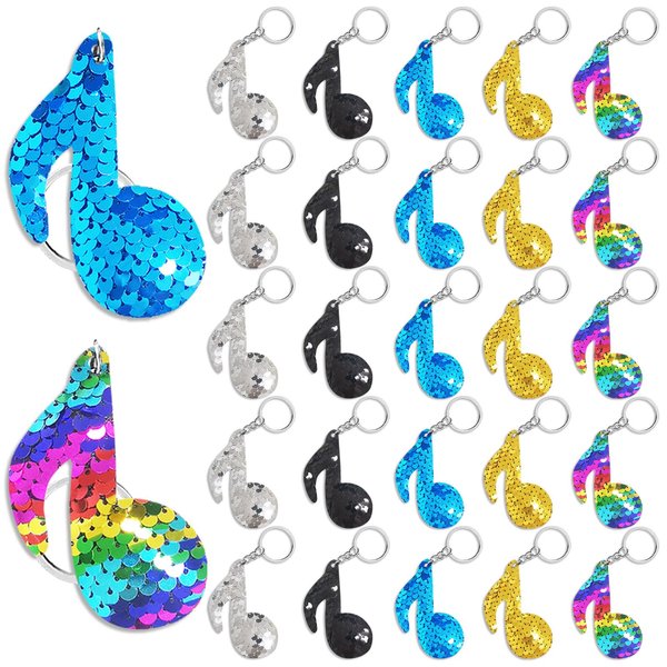 CiciBear 25 Pack Musical Note Sequin Keychains for Kids and Adults Birthday Gift, Baby Shower, Party, 5 Colors