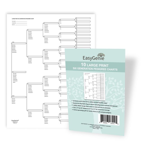 EASYGENIE 10 LARGE PRINT Six Generation Pedigree Charts for Ancestry | Archival-Quality Genealogy Forms