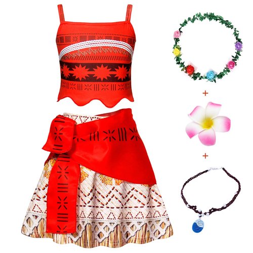 COTRIO Princess Moana Costume Girls Two-pieces Crop Top Skirt Set Toddler Kids Birthday Theme Party Dress Up with Accessories Halloween Cosplay Outfits Size 10 (7-8 Years, Red)