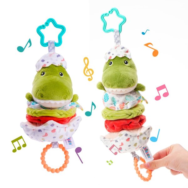 Jollybaby Baby Musical Pull String Hanging Toy for Stroller Car Seat Crib Play Gym, Plush Stuffed Dinasour Toy for Carseat with Music Teether Crinkle Paper, Sensory Toy for 0-6-12-18 Months Baby Gift
