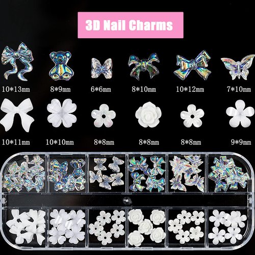 3D Acrylic Butterfly White Flowers Bear Cute Nail Charms Mixed Starry AB Crystal Rhinestones Multi Sizes Gems Stones for Nail Art DIY Jewelry Accessories Crafting
