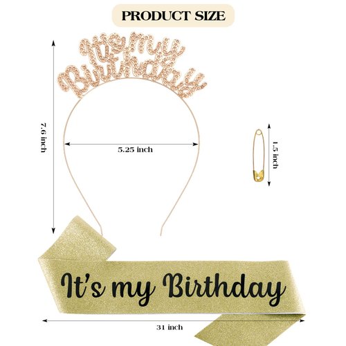 ACO-UINT Birthday Crown for Girls, Cute Birthday Sash & Birthday Tiara for Women Set, Sweet Birthday Headband Birthday Decorations It's My Birthday Headband Birthday Gifts for Women (Champagne)