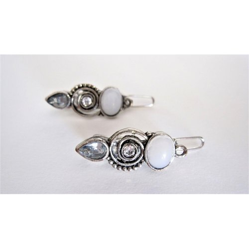 Generic Set of 2 small white stone gray crystal metal hair barrette clip for fine thin