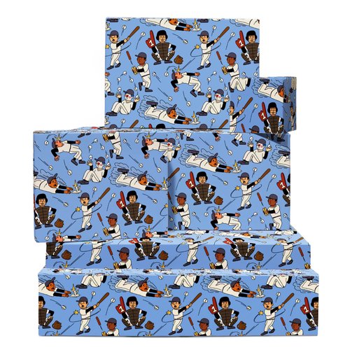 Baseball Wrapping Paper - Blue Sports - 6 Sheets Giftwrap For Kids Men Him - Boys Birthday Wrapping Paper - Gift Wrap For Christmas Easter Baby Shower All Occasion - Comes With Tags - Eco-friendly