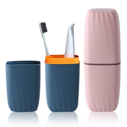 2PCS Travel Toothbrush Case, Portable Multifunctional Wash Cup, 2 Colors Hard Plastic Toothbrush Toothpaste Cup Holder Organizer for Trips Camping Bathroom School Travel Outdoor (Blue and Pink)