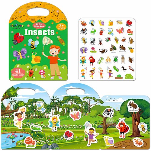 iGetooy Reusable Sticker Books for Kids, Sticker Books for Toddlers 2-4 Years, Waterproof Stickers, Valentines Day Gifts for Kids 2 3 4 5 6 Year Old Girls Boys (Insects)