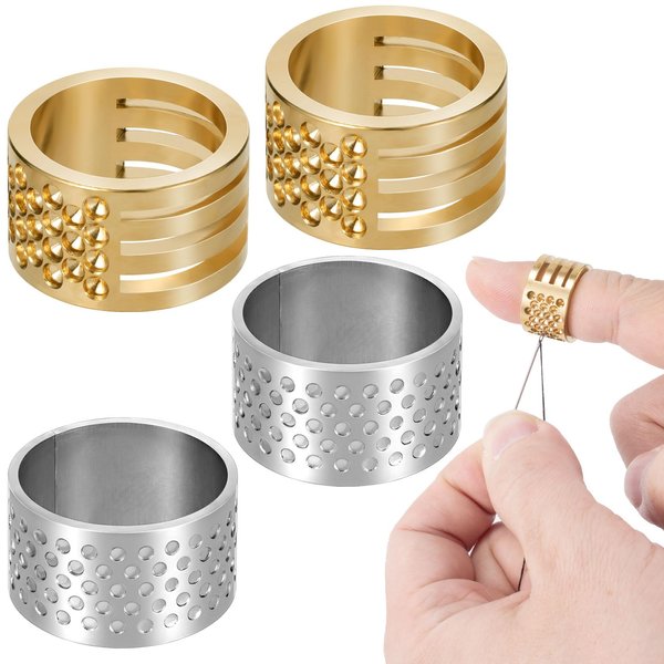 HINZIC 4pcs Stainless Steel Brass Finger Protector Gold Sliver Metal Fingertip Thimbles Adjustable Finger Ring for Hand Sewing Quilting Knitting Stitching Crochet