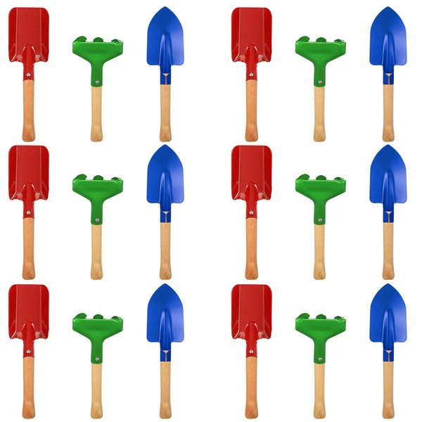 18 Pcs Kids Gardening Tools Set, Metal Kids Yard Tools with Sturdy Wooden Handle Safe Children Beach Sandbox Toy Sand Play Tools for Flower Soil Planting Loosening Digging, Trowel, Rake, Shovel