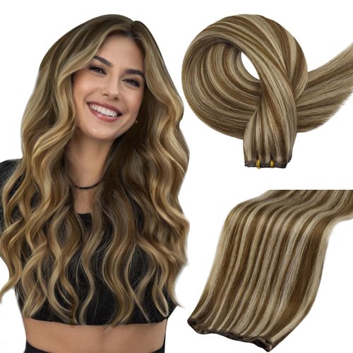Full Shine Genius Weft Extensions Real Human Hair Hand Tied Hair Extensions Sew In Weft Color Brown Highlight Honey Blonde Human Hair Bundles Sew In Hair Extensions Real Human Hair 50G 18 Inch