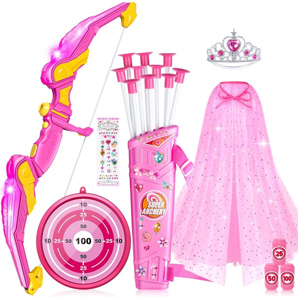 DUDUCOFU Kids Bow and Arrow Set Toys for Girls, LED Light Up Archery Bow Set with Princess Cape and Crown, 10 Suction Cup Arrows, Indoor and Outdoor Play Birthday Gift Toy for Kid, Boy Girl Ages 3-12