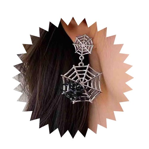 Sttiafay Gothic Spider Web Drop Earrings Black Spider Dangle Earrings Silver Spiderweb Earrings Onyx Spider Earrings Exaggerated Halloween Earrings Jewelry for Women and Girls