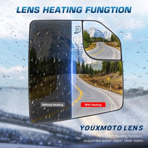 Youxmoto For Ford F150 2015-2020 Driver Left Side Heated Mirror Glass, Compatible with Ford F-150 2015 2016 2017 2018 2019 2020 Side View Convex Mirror Glass, Replace FL3Z17K707L