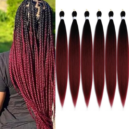 BALINGHAIR Pre-Stretched Braiding Hair Extensions High Temperature Kanekalon Braids Hair 28 Inch Ombre Black to Burgundy Red(B8-6Packs)