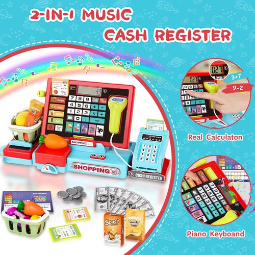 VOPOGLNE Cash Register Playset Toy for Kids, Real Calculator Register, Pretend Play Store with Music, Scanner, Play Money, Food, Microphone, Preschool Learning Toy Playset Gift (Blue Red)