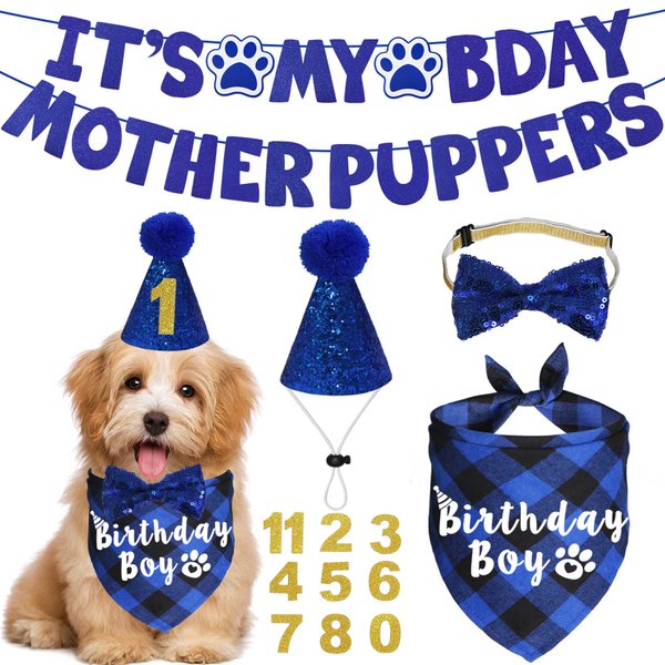 JOTFA Dog Birthday Party Supplies, Multi Sizes Dog Birthday Bandana Boy Dog Birthday Hat Bow Tie Birthday Numbers It’s My Bday Mother Puppers Sign Banner for Small Dogs Pets (Small, Blue)