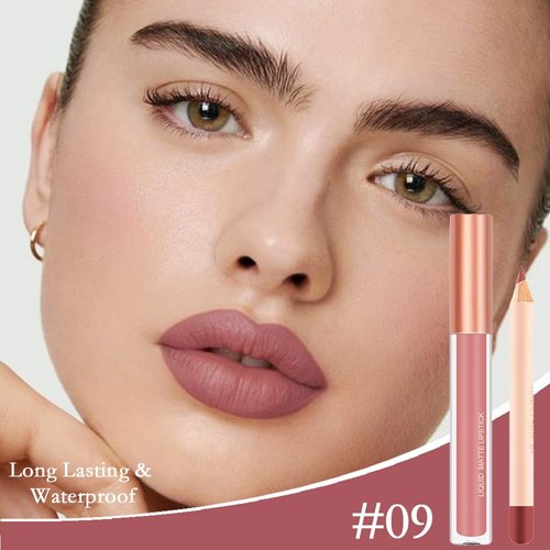 BINGBRUSH Colors Liquid Matte Lipstick and Lipliner Pack Set, Lip Tint Long Lasting 24 Hour Waterproof Velvet Nonstick Cup Lipgloss Lip Stain Pigmented Lip Makeup Gift Sets (1Pc 09#)