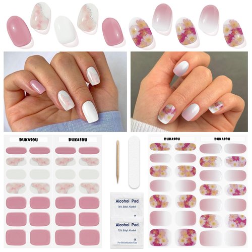 DUKASOU Semi Cured Gel Nail Strips 2 Set, (Gradient Pink/Flower) 56 Pcs Gel Nail Wraps,Stickers Works with Any UV/LED Lamps,Long Lasting,Salon-Quality, Easy to Apply