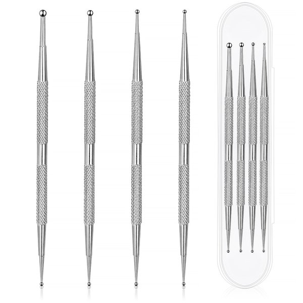 Jeffdad Nail Dotting Tool, 4 Pcs Professional Double-ended Nail Art Tools with Box, Dot Pen Metal Dot pen Nail Polish Paint Pen Dot Diamond Pattern Stainless Steel Dotting Tools Nail art(silver)