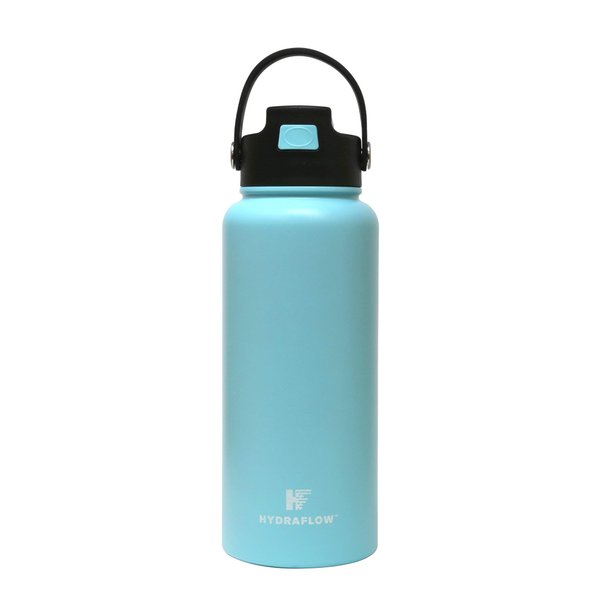 Hydraflow Hybrid - Triple Wall Vacuum Insulated Water Bottle with Flip Straw (34oz, Powder Aqua) Stainless Steel Metal Thermos, Reusable Leak Proof BPA-FREE for Sports and Travel