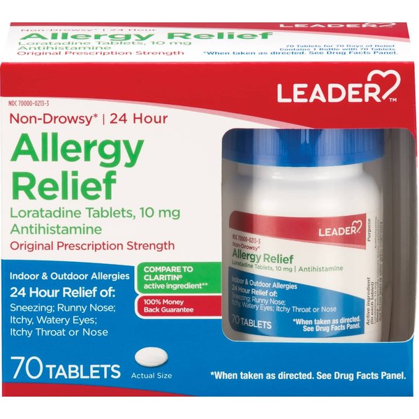 Leader 24 Hour Allergy Relief, Loratadine 10mg Tablets, Non-Drowsy, Antihistamine, Indoor and Outdoor, Counteract Allergy, 70 Tablets