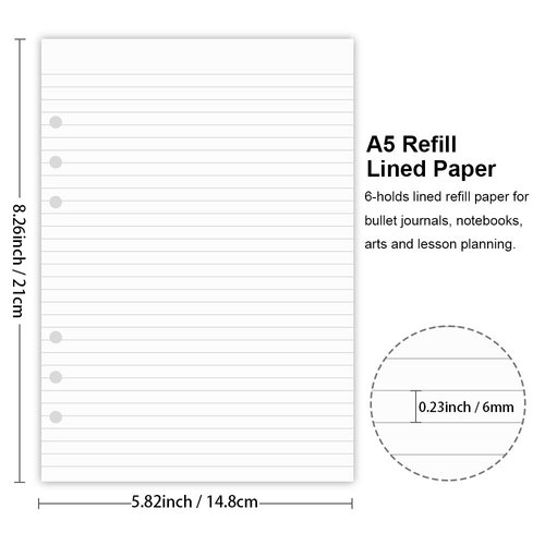 A5 Lined Paper, Refills for Filofax Planner, Organizer, Binders, 6 Hole Punched, 100 Sheets/200 Pages, 100gsm, White, 5.8 x 8.2 Inch