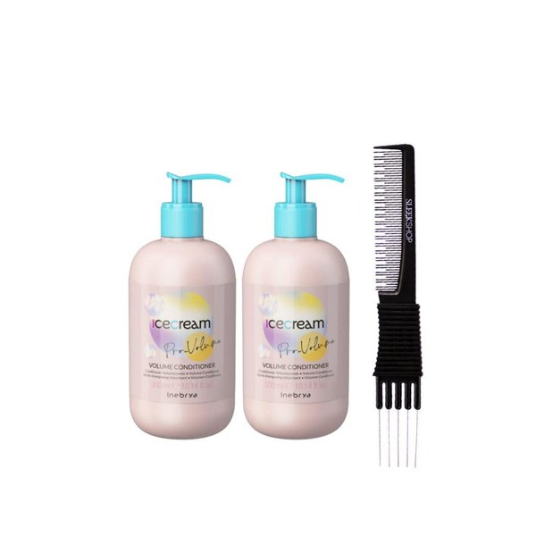 kuss Inebrya Ice Cream Pro-Volume Conditioner (10.14 oz) with Teasing Comb Pack of 2, Beige