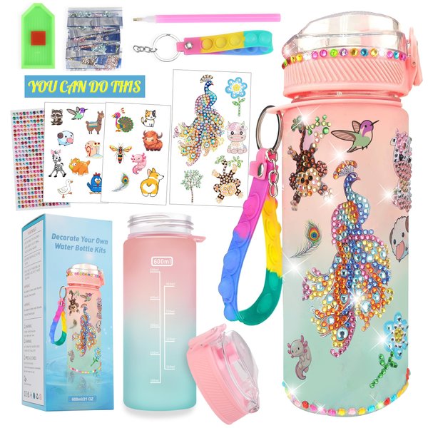 cviokrdu Decorate Your Own Water Bottle Kits for Girls Age 4-6-8-10-12,Diamond Art Kits Arts and Crafts for Kids,Gem Stickers Fun DIY Gifts Toys for Girls Birthday Christmas(Peacock)