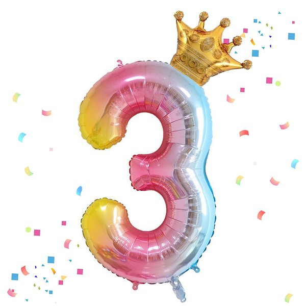 40 Inch Rainbow Gradient Number 3 & Mini Crown Balloon for Birthday Party Decorations, 3rd Birthday Party Decorations, Baby Shower Anniversary Balloons Decorations Supplies