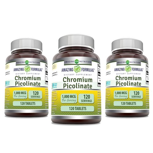 Amazing Formulas Chromium Picolinate | 1000 Mcg Tablets Supplement | Non-GMO | Gluten Free | Made in USA (3 Pack, 120 Count)