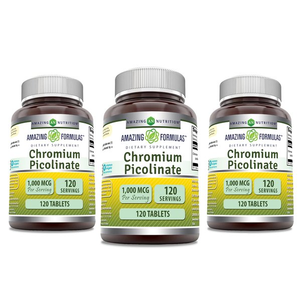Amazing Formulas Chromium Picolinate | 1000 Mcg Tablets Supplement | Non-GMO | Gluten Free | Made in USA (3 Pack, 120 Count)